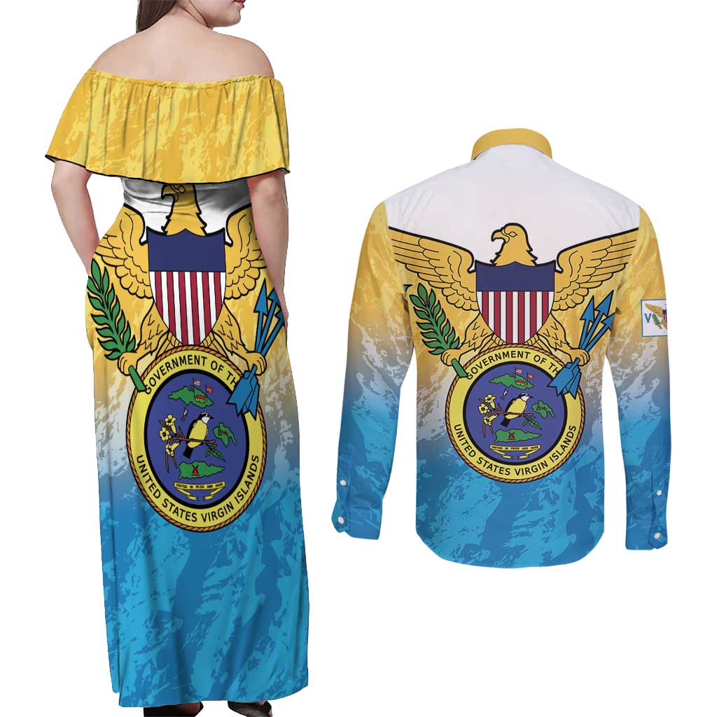 US Virgin Islands Couples Matching Off Shoulder Maxi Dress and Long Sleeve Button Shirt Coat Of Arms Grunge Style