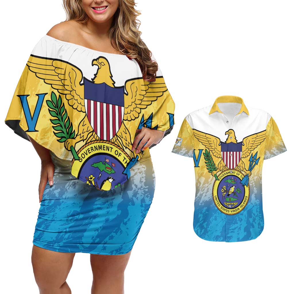 US Virgin Islands Couples Matching Off Shoulder Short Dress and Hawaiian Shirt Coat Of Arms Grunge Style