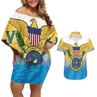 US Virgin Islands Couples Matching Off Shoulder Short Dress and Hawaiian Shirt Coat Of Arms Grunge Style