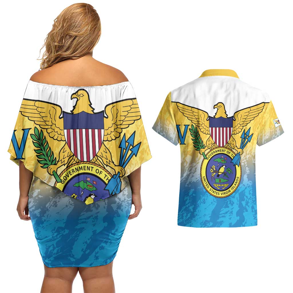 US Virgin Islands Couples Matching Off Shoulder Short Dress and Hawaiian Shirt Coat Of Arms Grunge Style