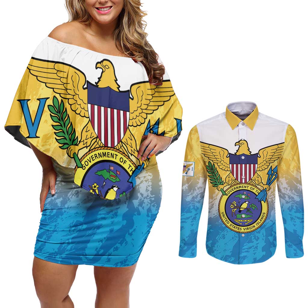 US Virgin Islands Couples Matching Off Shoulder Short Dress and Long Sleeve Button Shirt Coat Of Arms Grunge Style