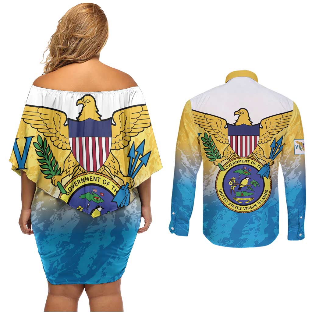 US Virgin Islands Couples Matching Off Shoulder Short Dress and Long Sleeve Button Shirt Coat Of Arms Grunge Style
