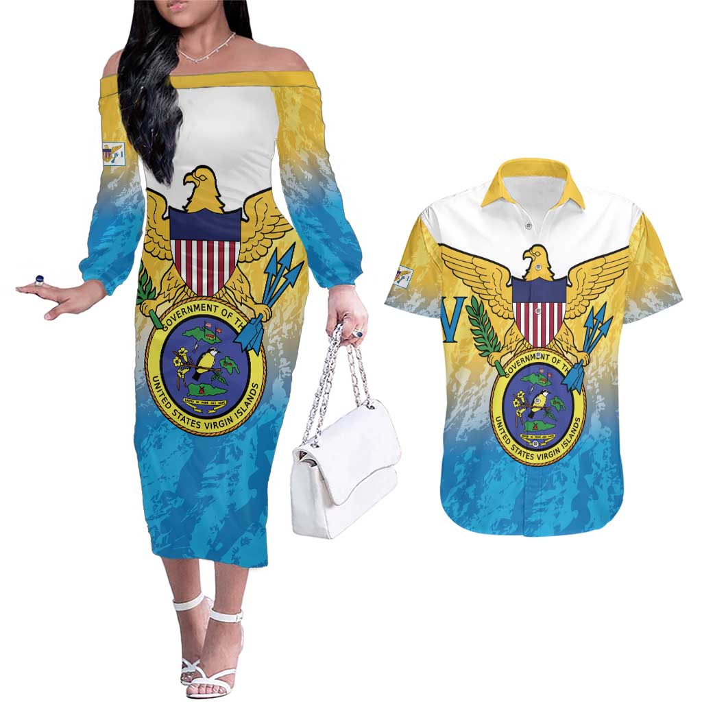 US Virgin Islands Couples Matching Off The Shoulder Long Sleeve Dress and Hawaiian Shirt Coat Of Arms Grunge Style