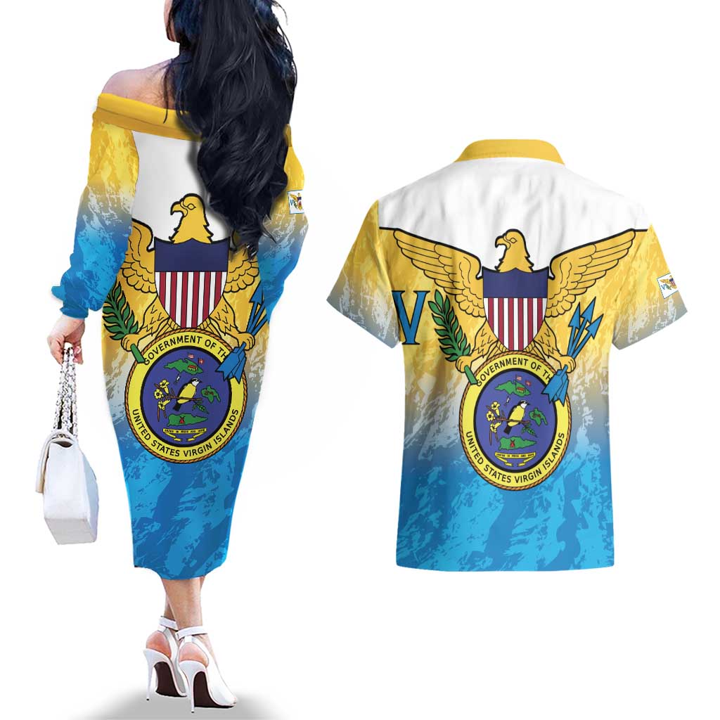 US Virgin Islands Couples Matching Off The Shoulder Long Sleeve Dress and Hawaiian Shirt Coat Of Arms Grunge Style