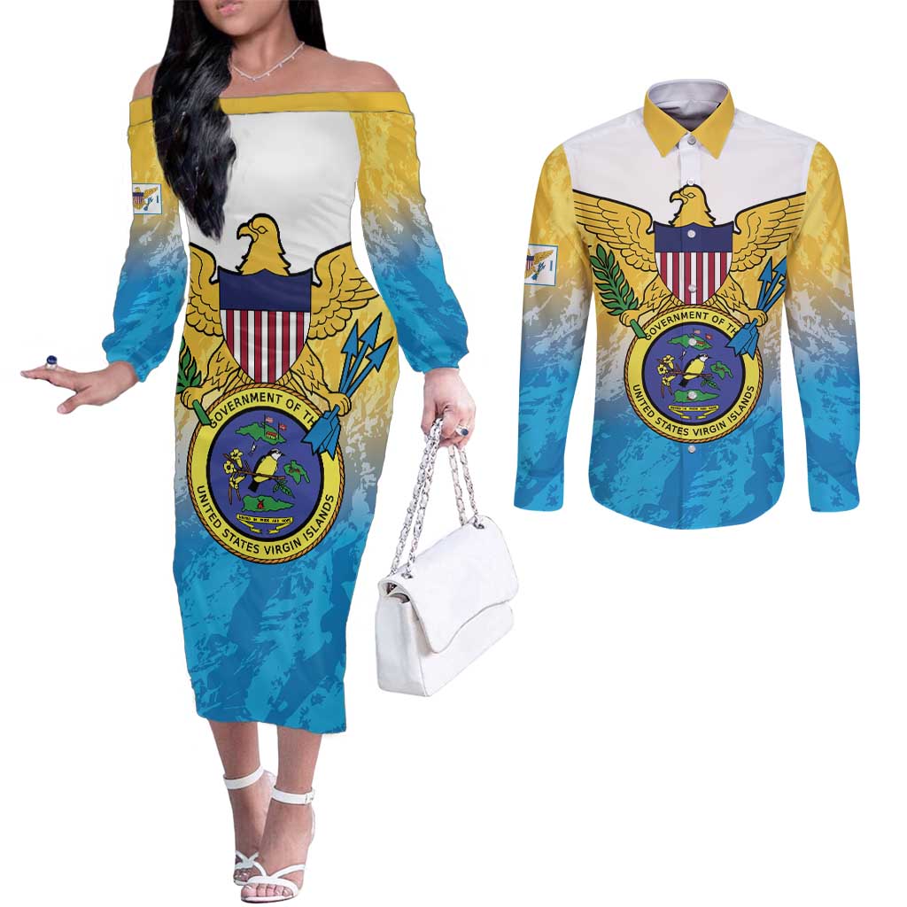 US Virgin Islands Couples Matching Off The Shoulder Long Sleeve Dress and Long Sleeve Button Shirt Coat Of Arms Grunge Style