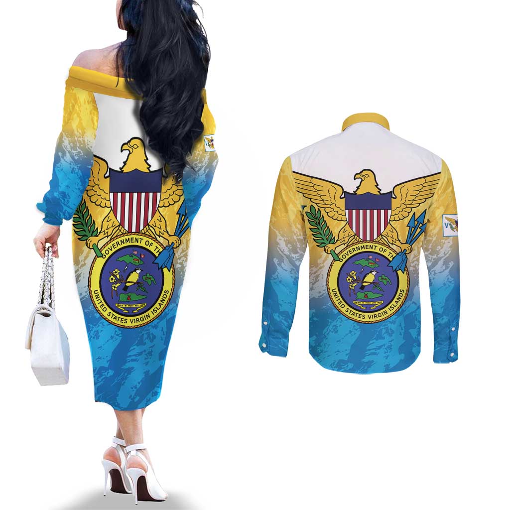 US Virgin Islands Couples Matching Off The Shoulder Long Sleeve Dress and Long Sleeve Button Shirt Coat Of Arms Grunge Style