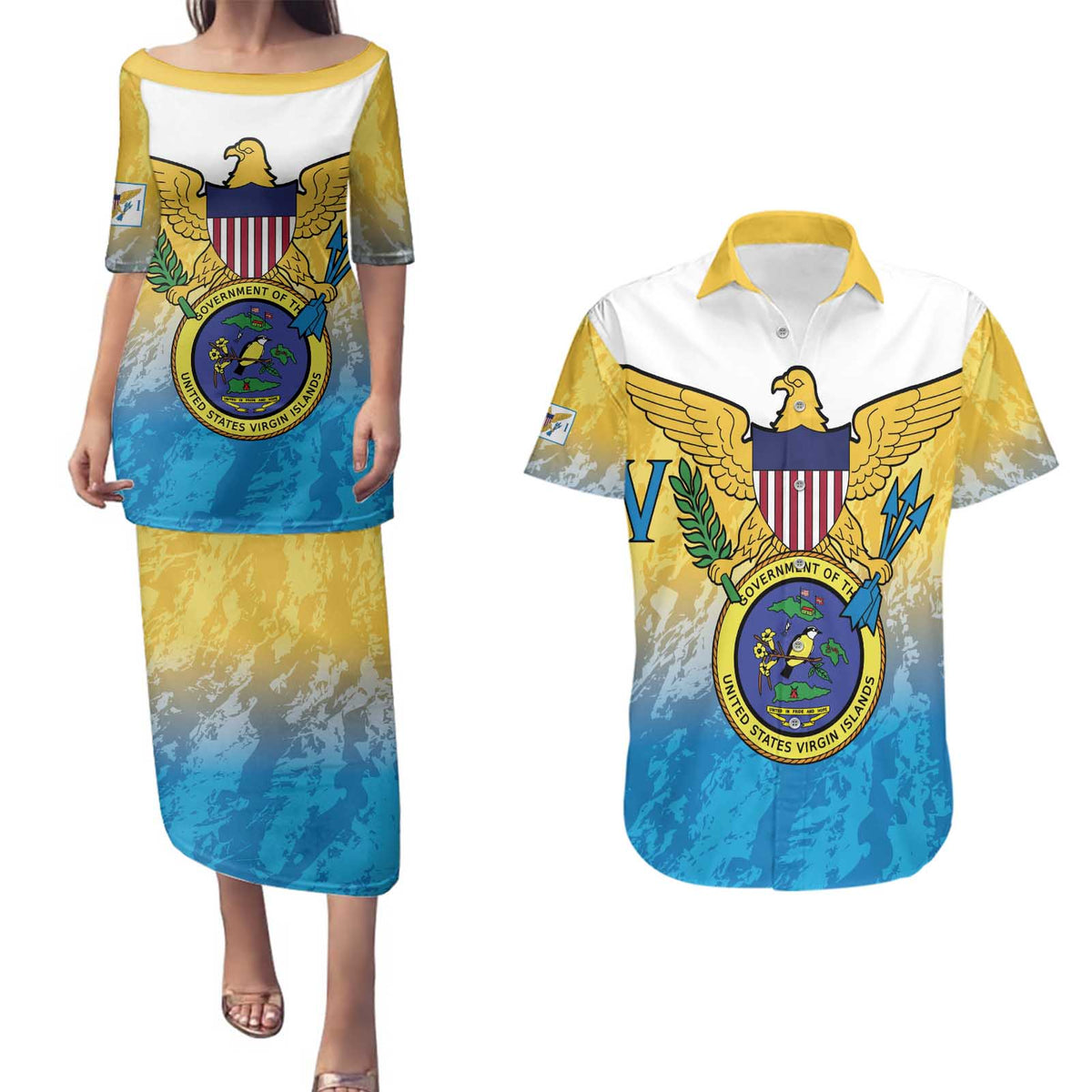 US Virgin Islands Couples Matching Puletasi and Hawaiian Shirt Coat Of Arms Grunge Style