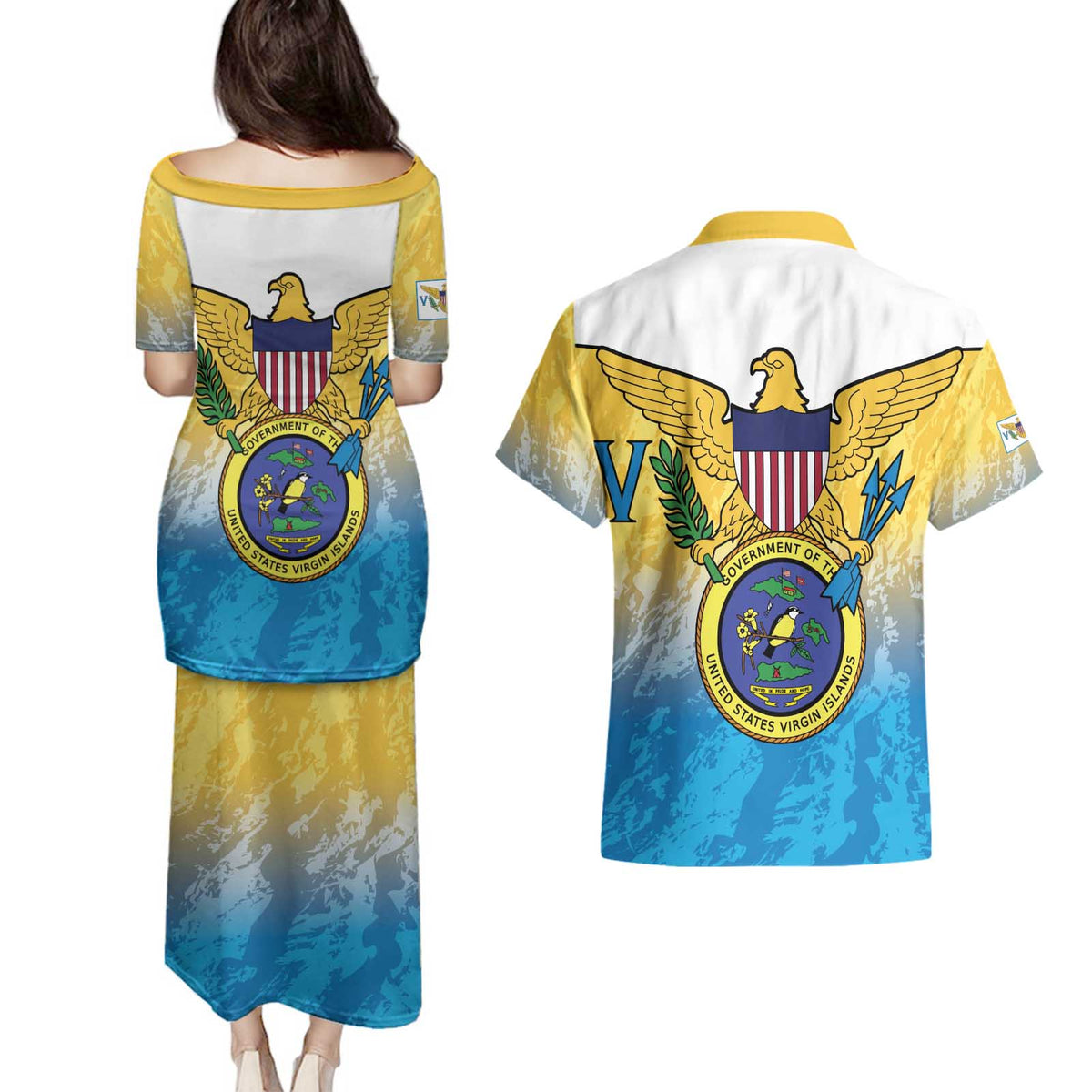US Virgin Islands Couples Matching Puletasi and Hawaiian Shirt Coat Of Arms Grunge Style