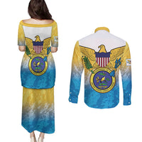 US Virgin Islands Couples Matching Puletasi and Long Sleeve Button Shirt Coat Of Arms Grunge Style