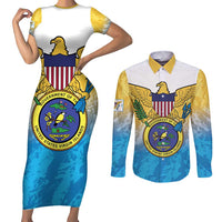 US Virgin Islands Couples Matching Short Sleeve Bodycon Dress and Long Sleeve Button Shirt Coat Of Arms Grunge Style