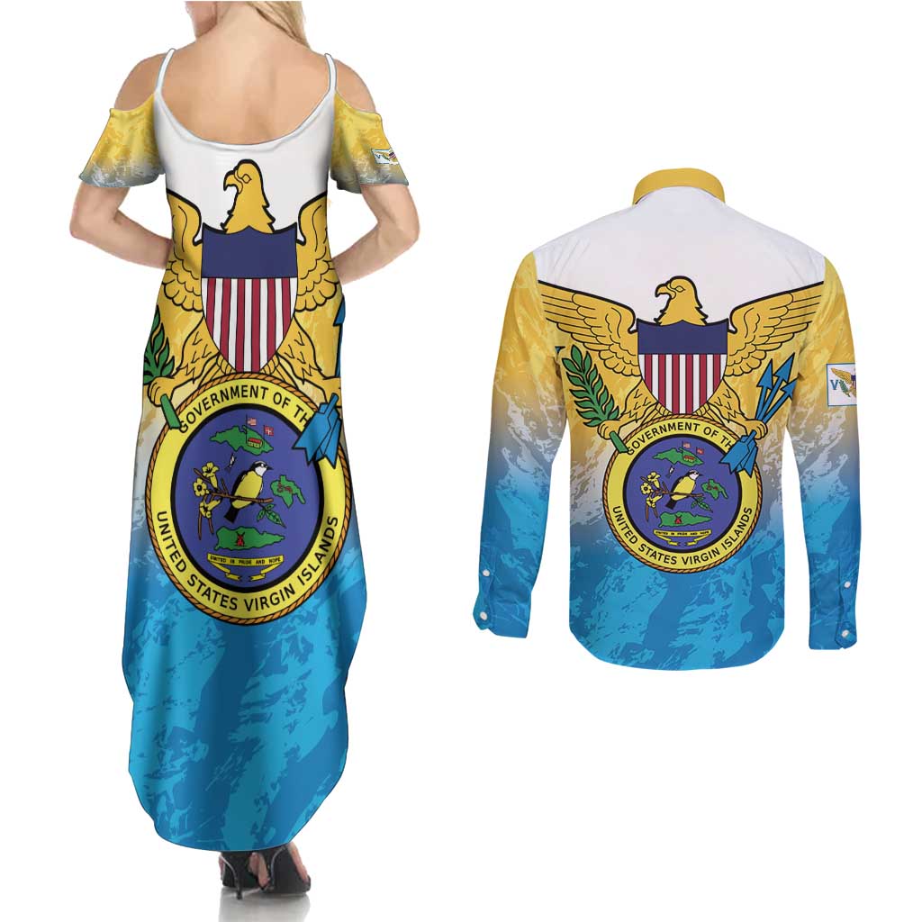 US Virgin Islands Couples Matching Summer Maxi Dress and Long Sleeve Button Shirt Coat Of Arms Grunge Style
