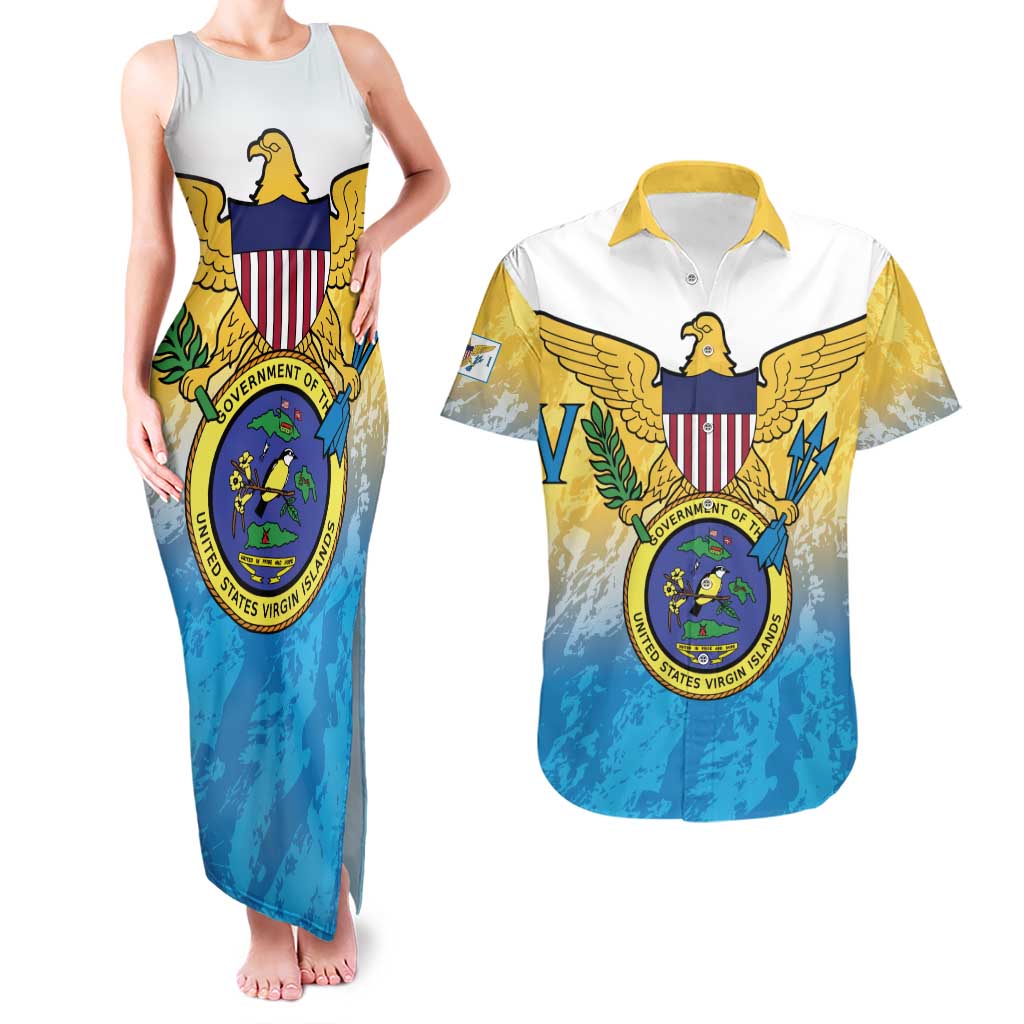 US Virgin Islands Couples Matching Tank Maxi Dress and Hawaiian Shirt Coat Of Arms Grunge Style