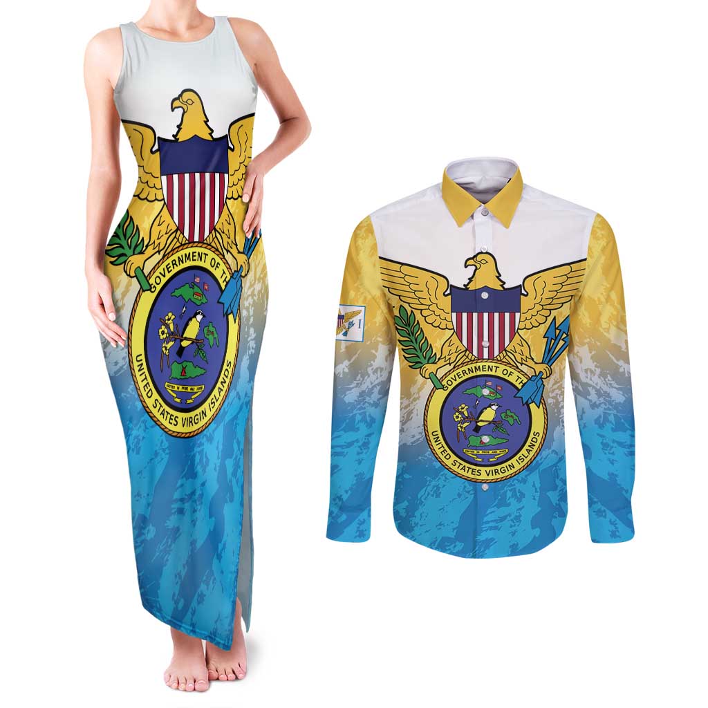 US Virgin Islands Couples Matching Tank Maxi Dress and Long Sleeve Button Shirt Coat Of Arms Grunge Style