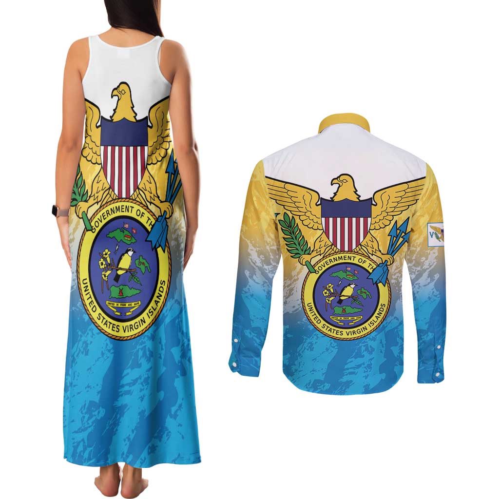 US Virgin Islands Couples Matching Tank Maxi Dress and Long Sleeve Button Shirt Coat Of Arms Grunge Style