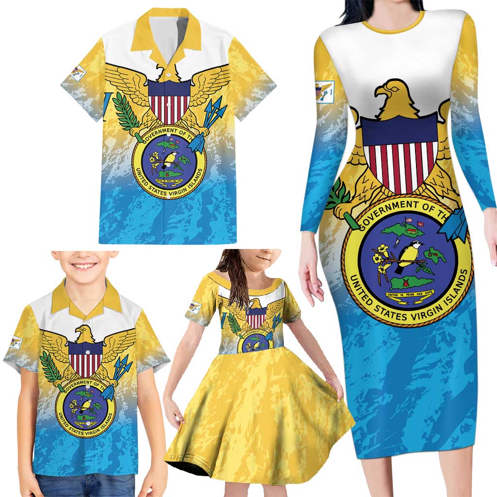 US Virgin Islands Family Matching Long Sleeve Bodycon Dress and Hawaiian Shirt Coat Of Arms Grunge Style