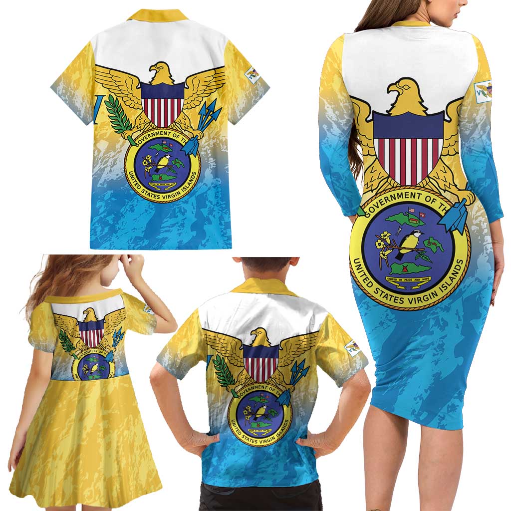 US Virgin Islands Family Matching Long Sleeve Bodycon Dress and Hawaiian Shirt Coat Of Arms Grunge Style