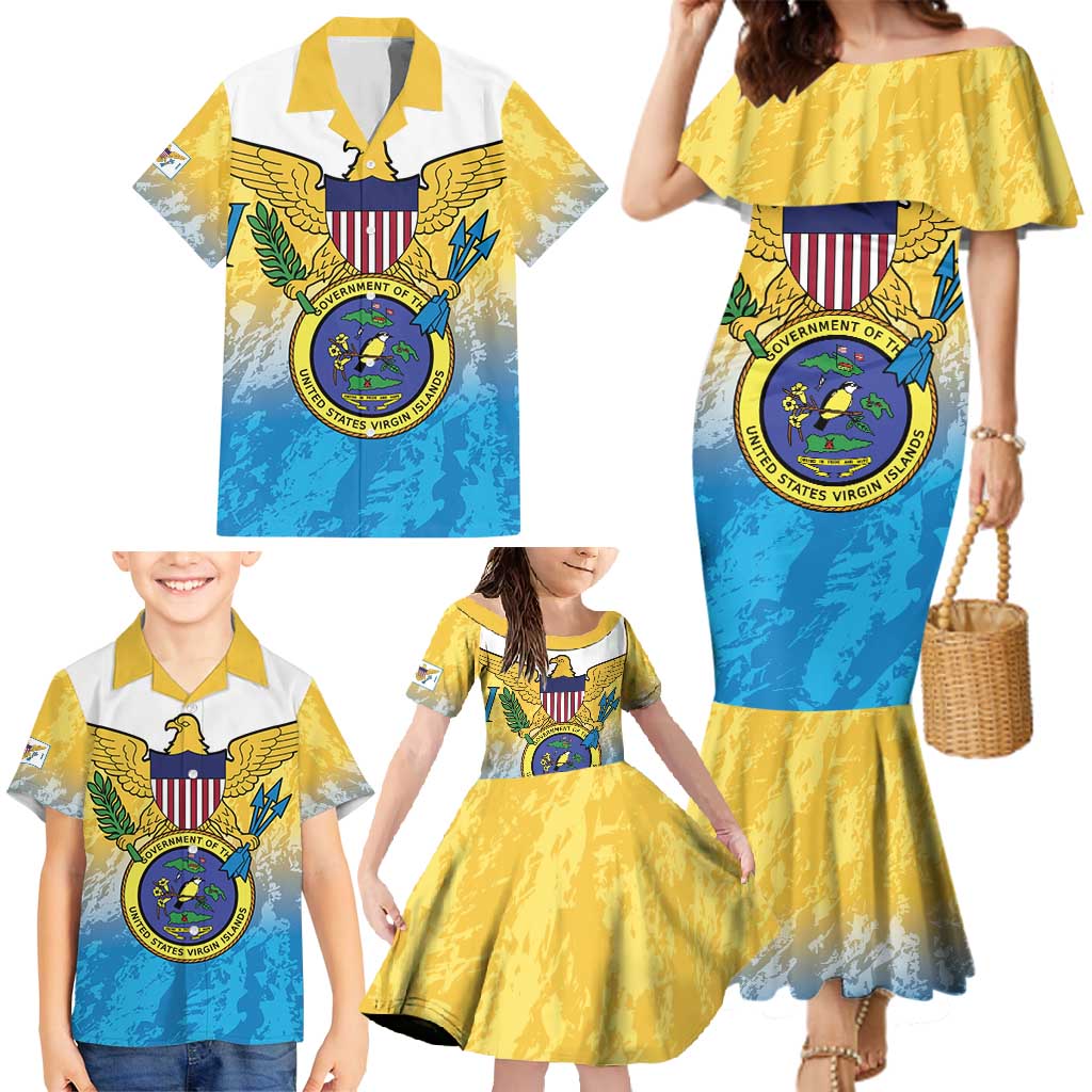 US Virgin Islands Family Matching Mermaid Dress and Hawaiian Shirt Coat Of Arms Grunge Style