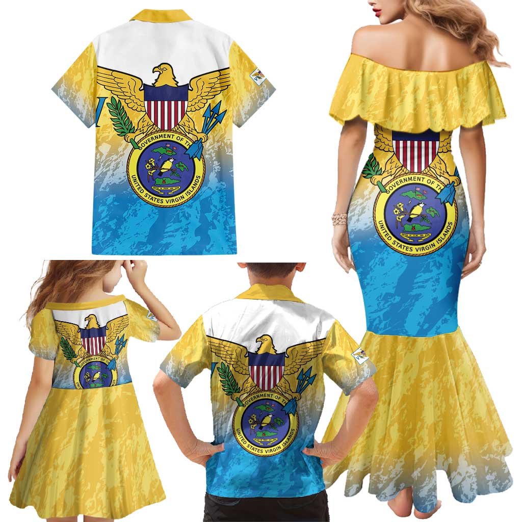 US Virgin Islands Family Matching Mermaid Dress and Hawaiian Shirt Coat Of Arms Grunge Style