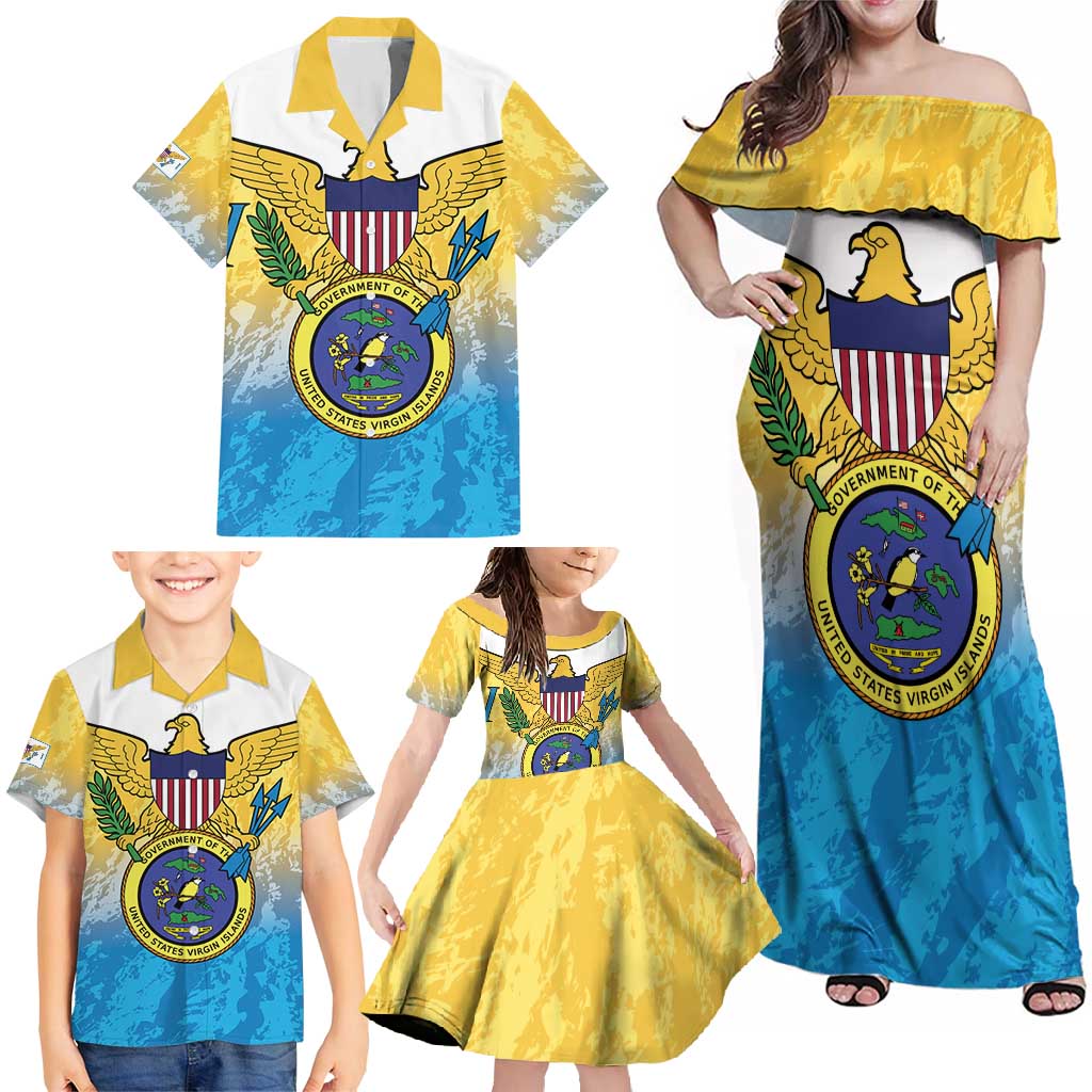 US Virgin Islands Family Matching Off Shoulder Maxi Dress and Hawaiian Shirt Coat Of Arms Grunge Style
