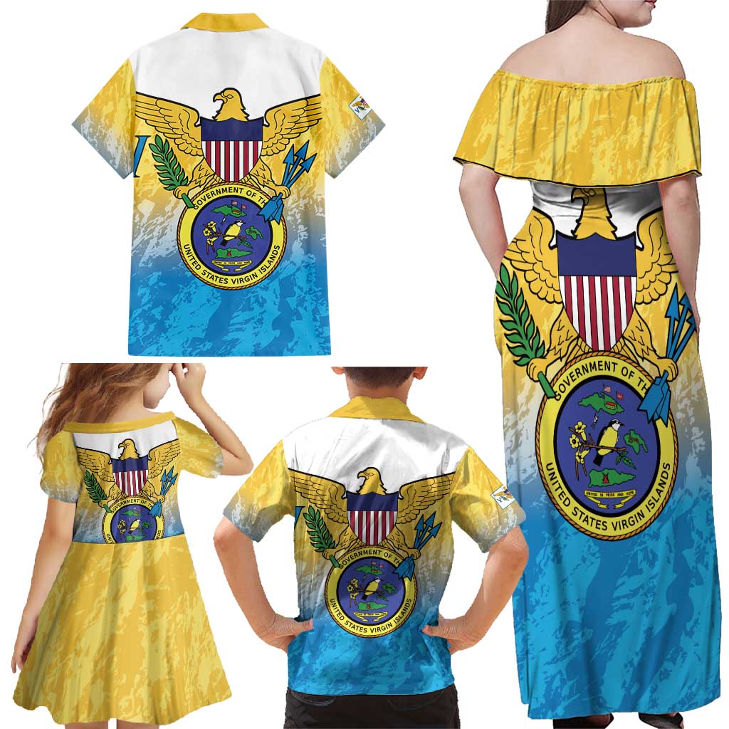 US Virgin Islands Family Matching Off Shoulder Maxi Dress and Hawaiian Shirt Coat Of Arms Grunge Style