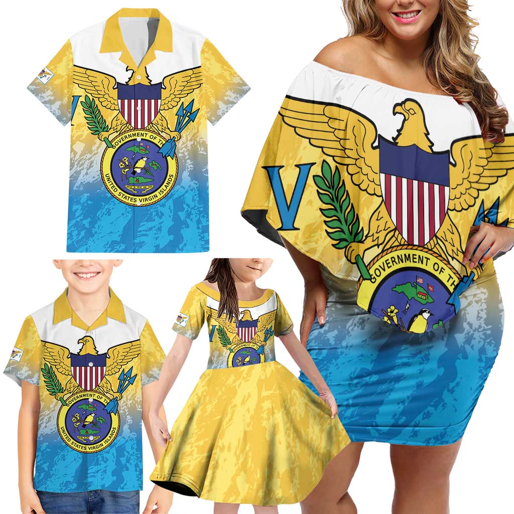 US Virgin Islands Family Matching Off Shoulder Short Dress and Hawaiian Shirt Coat Of Arms Grunge Style