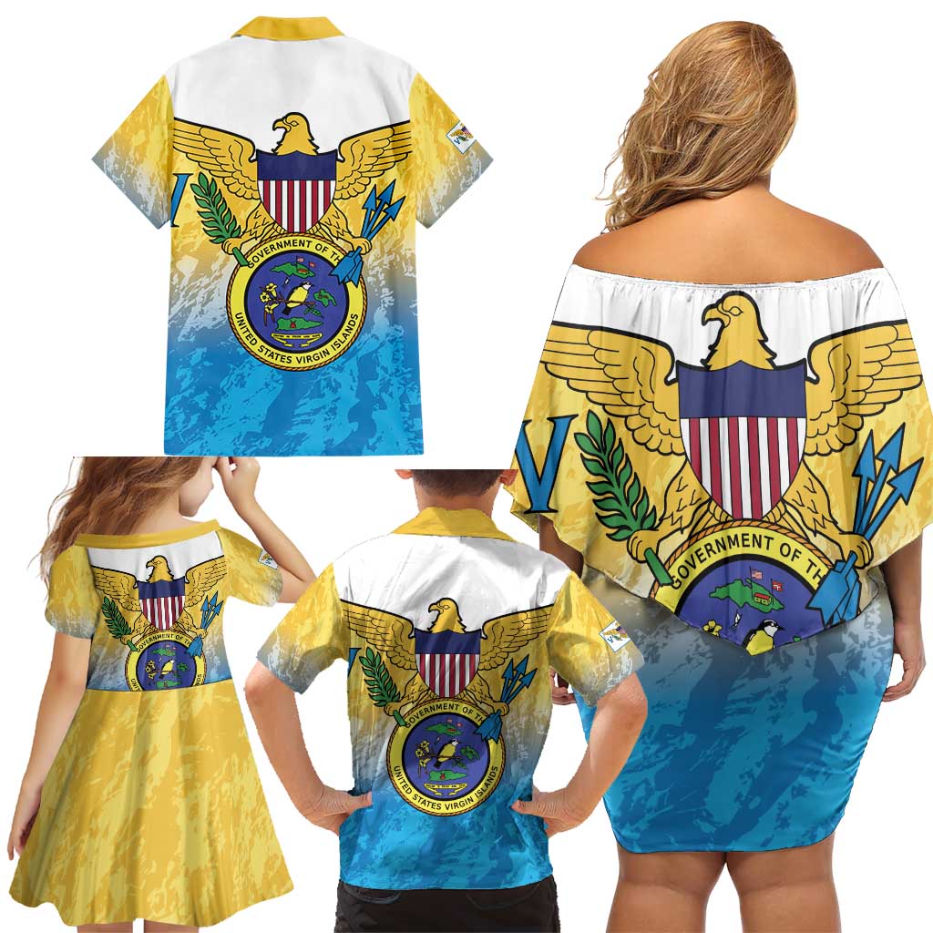 US Virgin Islands Family Matching Off Shoulder Short Dress and Hawaiian Shirt Coat Of Arms Grunge Style