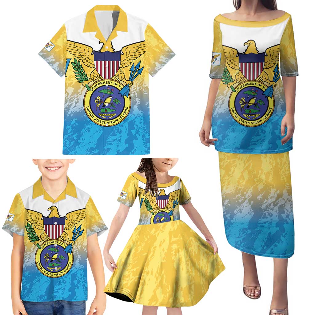 US Virgin Islands Family Matching Puletasi and Hawaiian Shirt Coat Of Arms Grunge Style