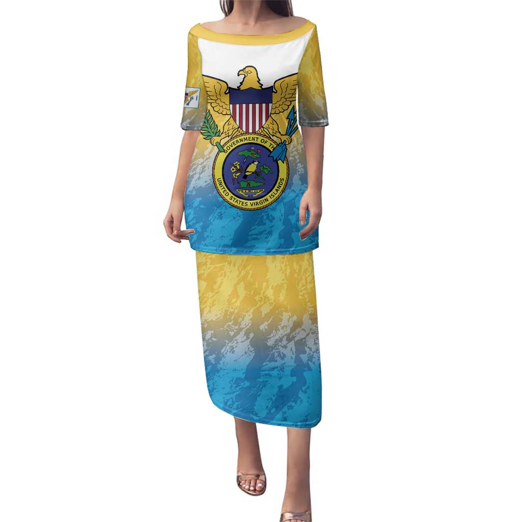 US Virgin Islands Family Matching Puletasi and Hawaiian Shirt Coat Of Arms Grunge Style