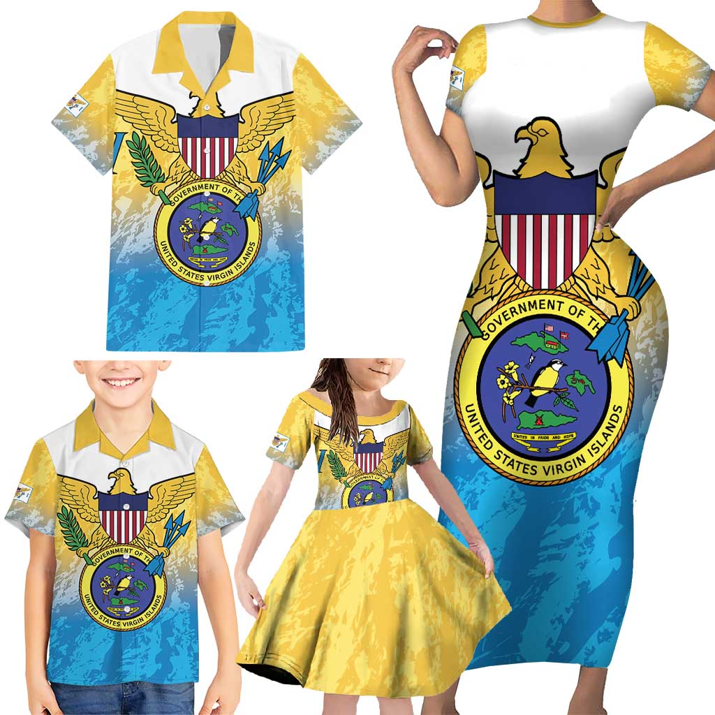 US Virgin Islands Family Matching Short Sleeve Bodycon Dress and Hawaiian Shirt Coat Of Arms Grunge Style