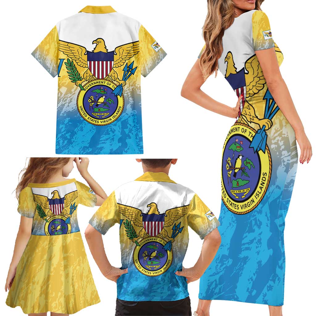 US Virgin Islands Family Matching Short Sleeve Bodycon Dress and Hawaiian Shirt Coat Of Arms Grunge Style
