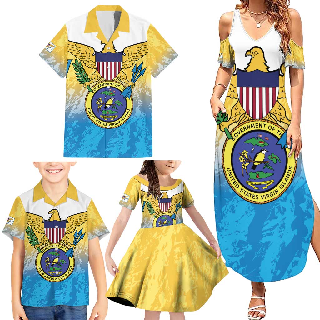 US Virgin Islands Family Matching Summer Maxi Dress and Hawaiian Shirt Coat Of Arms Grunge Style