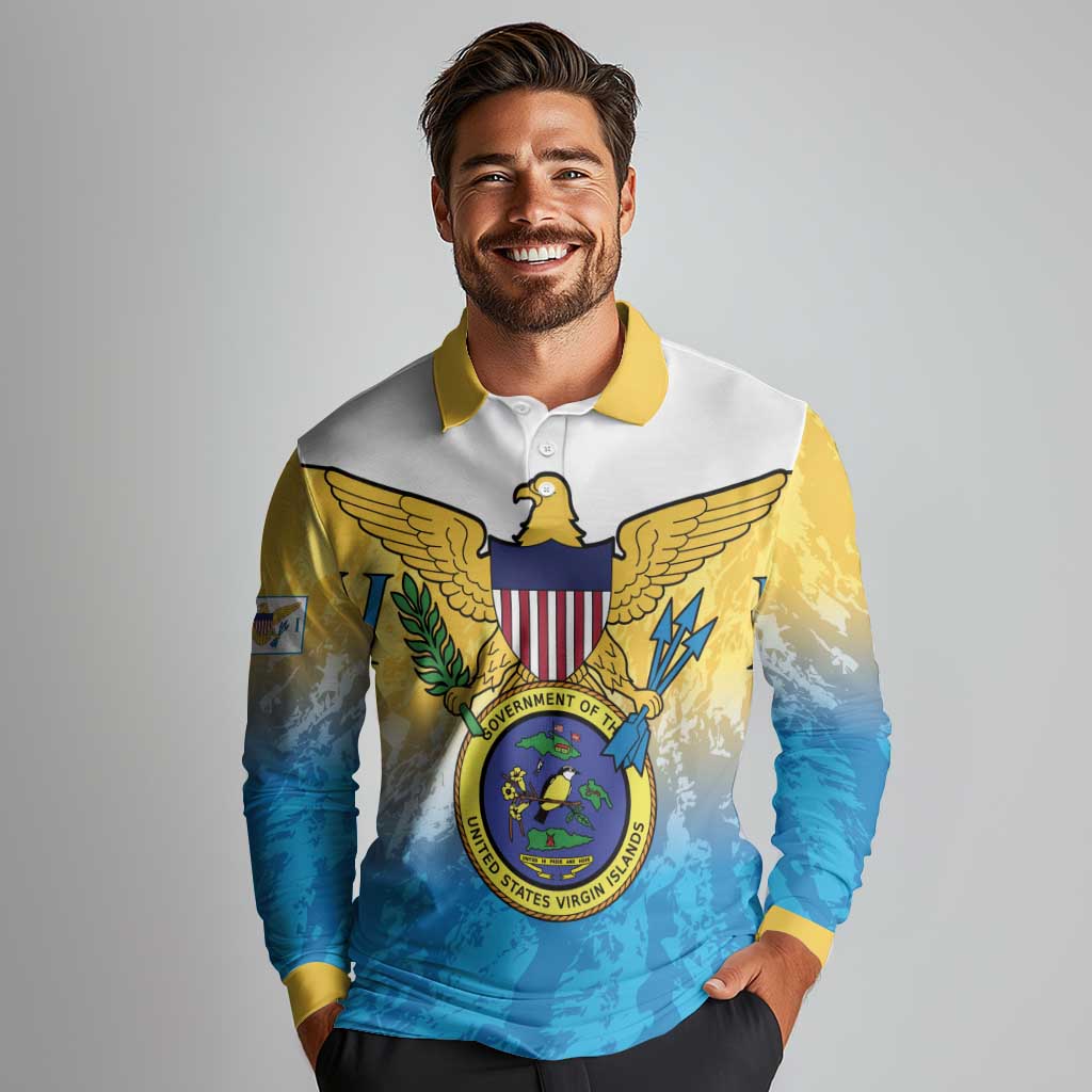 US Virgin Islands Long Sleeve Polo Shirt Coat Of Arms Grunge Style