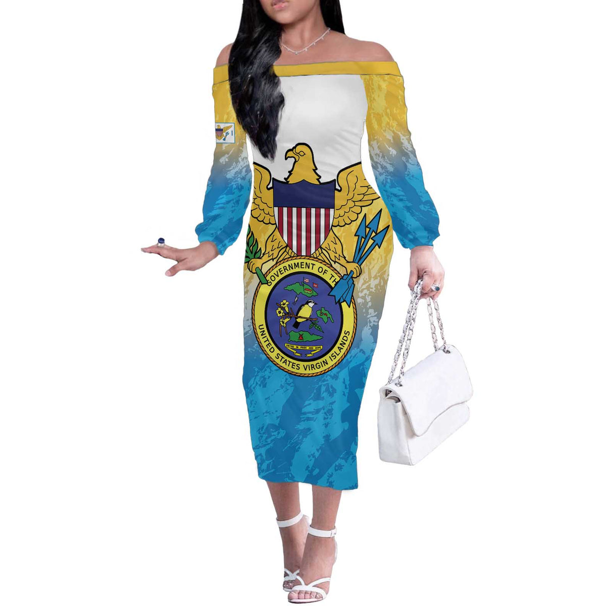 US Virgin Islands Off The Shoulder Long Sleeve Dress Coat Of Arms Grunge Style