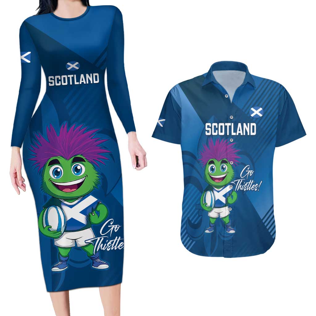 Custom Scotland Rugby 2025 Couples Matching Long Sleeve Bodycon Dress and Hawaiian Shirt Funny Thistle Mascot Go Scottish!