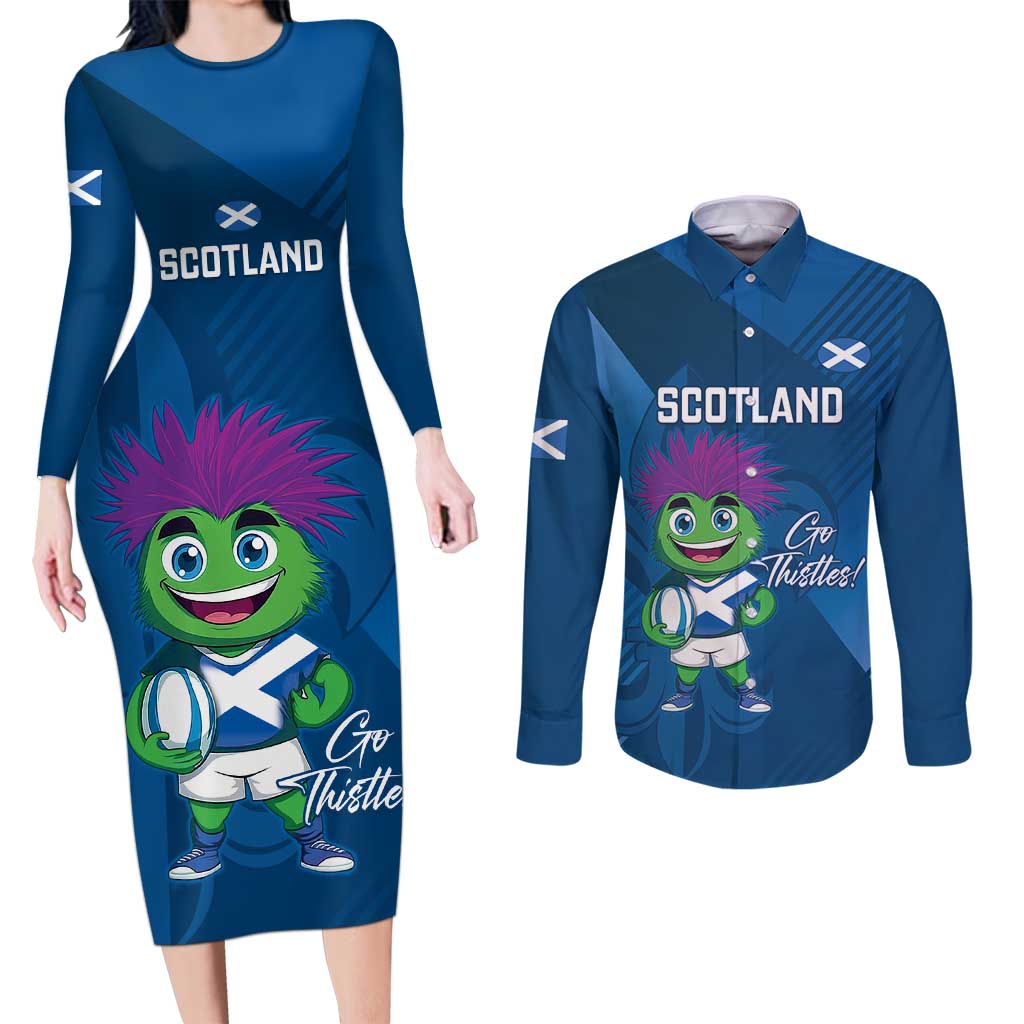 Custom Scotland Rugby 2025 Couples Matching Long Sleeve Bodycon Dress and Long Sleeve Button Shirt Funny Thistle Mascot Go Scottish!