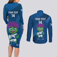 Custom Scotland Rugby 2025 Couples Matching Long Sleeve Bodycon Dress and Long Sleeve Button Shirt Funny Thistle Mascot Go Scottish!
