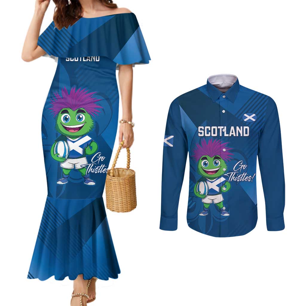 Custom Scotland Rugby 2025 Couples Matching Mermaid Dress and Long Sleeve Button Shirt Funny Thistle Mascot Go Scottish!