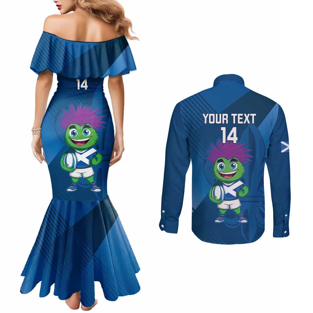 Custom Scotland Rugby 2025 Couples Matching Mermaid Dress and Long Sleeve Button Shirt Funny Thistle Mascot Go Scottish!