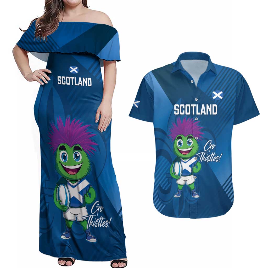 Custom Scotland Rugby 2025 Couples Matching Off Shoulder Maxi Dress and Hawaiian Shirt Funny Thistle Mascot Go Scottish!