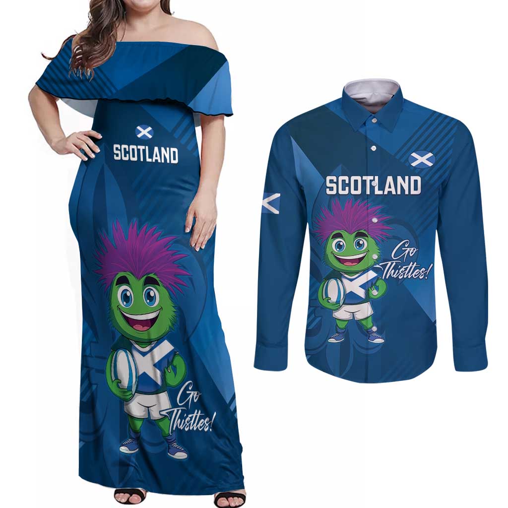 Custom Scotland Rugby 2025 Couples Matching Off Shoulder Maxi Dress and Long Sleeve Button Shirt Funny Thistle Mascot Go Scottish!