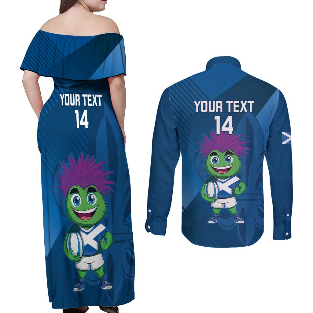 Custom Scotland Rugby 2025 Couples Matching Off Shoulder Maxi Dress and Long Sleeve Button Shirt Funny Thistle Mascot Go Scottish!