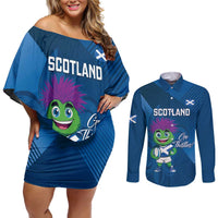 Custom Scotland Rugby 2025 Couples Matching Off Shoulder Short Dress and Long Sleeve Button Shirt Funny Thistle Mascot Go Scottish!