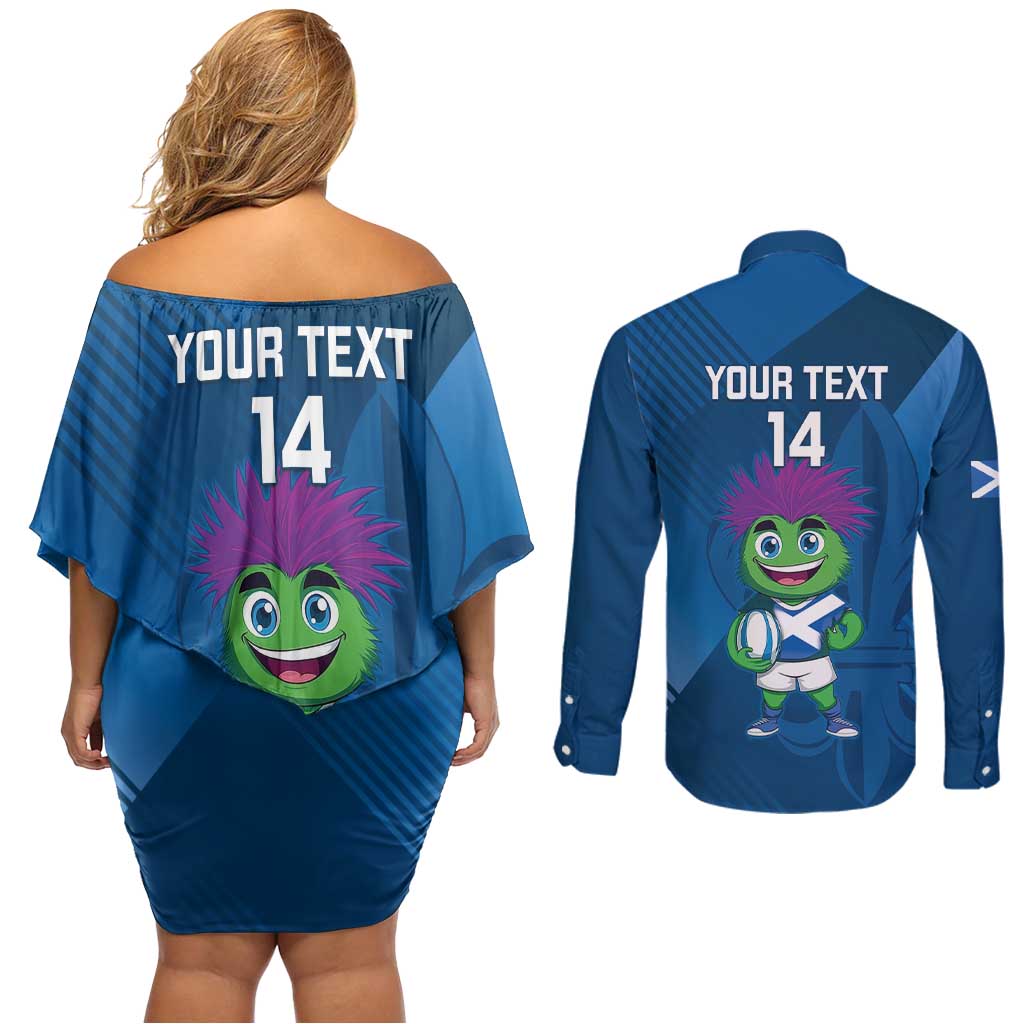 Custom Scotland Rugby 2025 Couples Matching Off Shoulder Short Dress and Long Sleeve Button Shirt Funny Thistle Mascot Go Scottish!