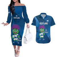 Custom Scotland Rugby 2025 Couples Matching Off The Shoulder Long Sleeve Dress and Hawaiian Shirt Funny Thistle Mascot Go Scottish!