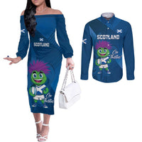 Custom Scotland Rugby 2025 Couples Matching Off The Shoulder Long Sleeve Dress and Long Sleeve Button Shirt Funny Thistle Mascot Go Scottish!