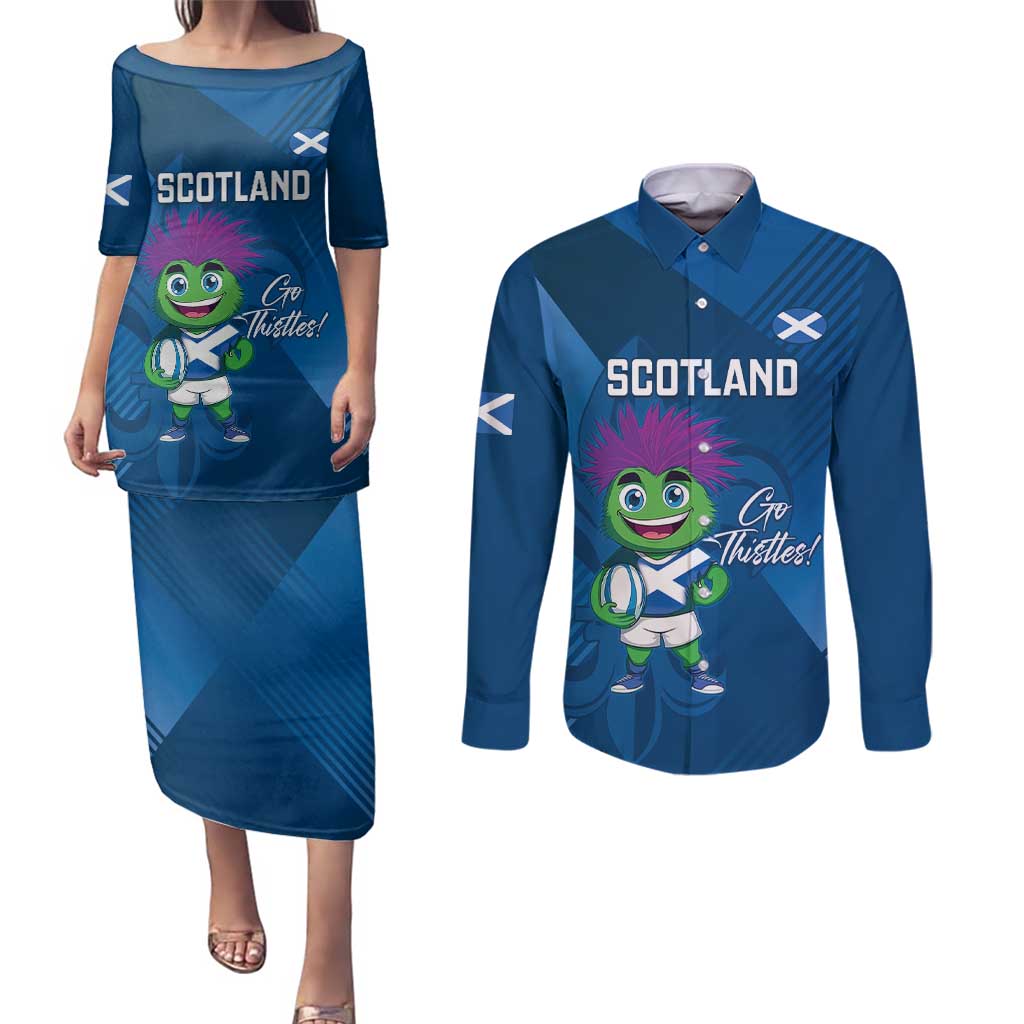 Custom Scotland Rugby 2025 Couples Matching Puletasi and Long Sleeve Button Shirt Funny Thistle Mascot Go Scottish!
