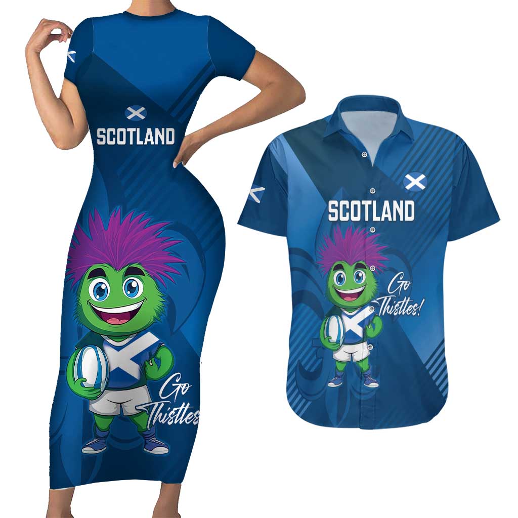 Custom Scotland Rugby 2025 Couples Matching Short Sleeve Bodycon Dress and Hawaiian Shirt Funny Thistle Mascot Go Scottish!