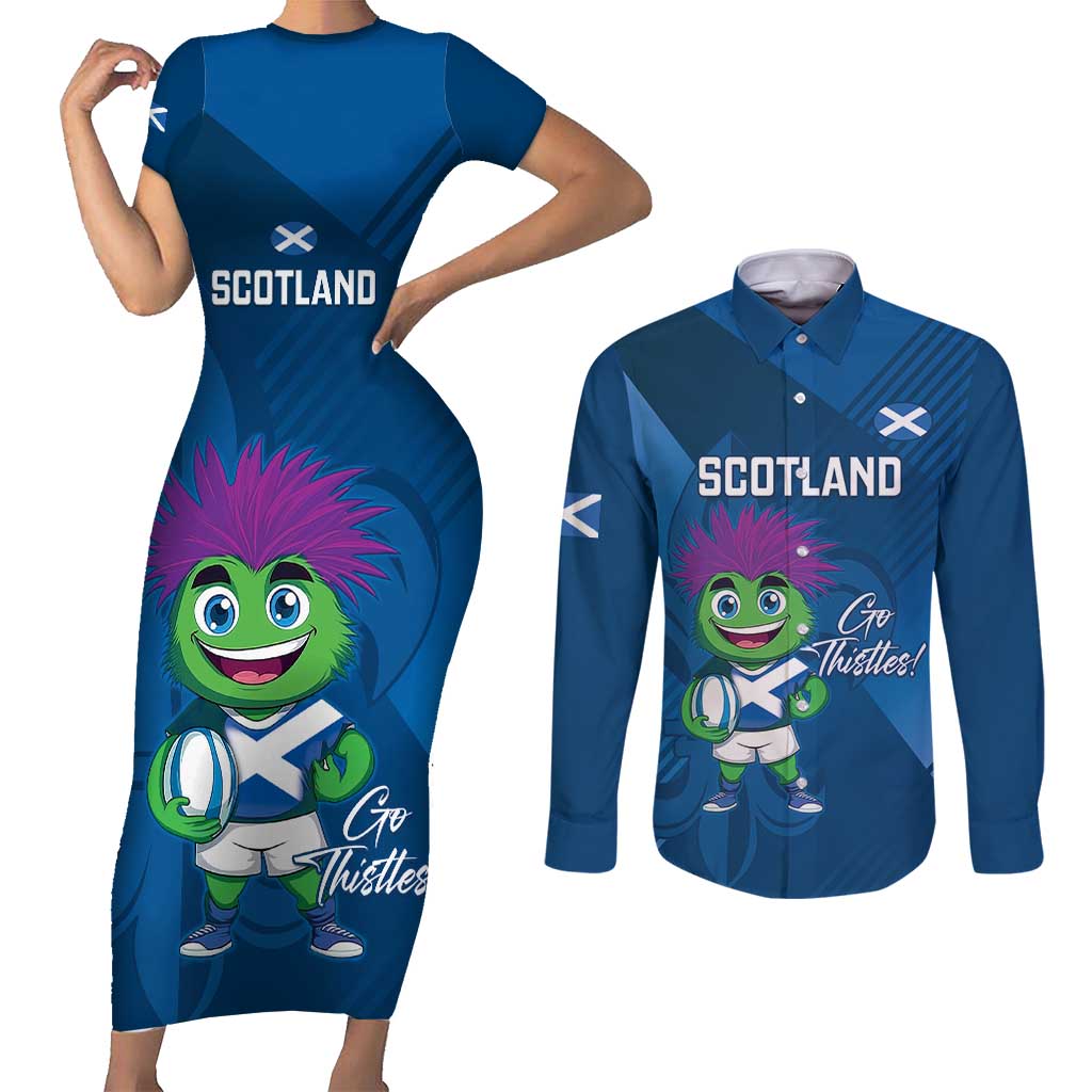 Custom Scotland Rugby 2025 Couples Matching Short Sleeve Bodycon Dress and Long Sleeve Button Shirt Funny Thistle Mascot Go Scottish!