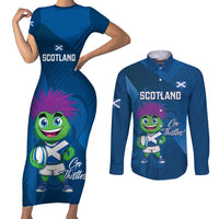 Custom Scotland Rugby 2025 Couples Matching Short Sleeve Bodycon Dress and Long Sleeve Button Shirt Funny Thistle Mascot Go Scottish!