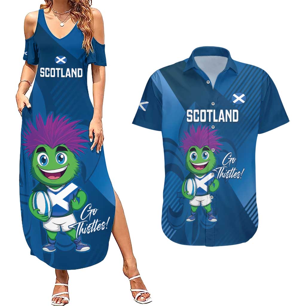 Custom Scotland Rugby 2025 Couples Matching Summer Maxi Dress and Hawaiian Shirt Funny Thistle Mascot Go Scottish!
